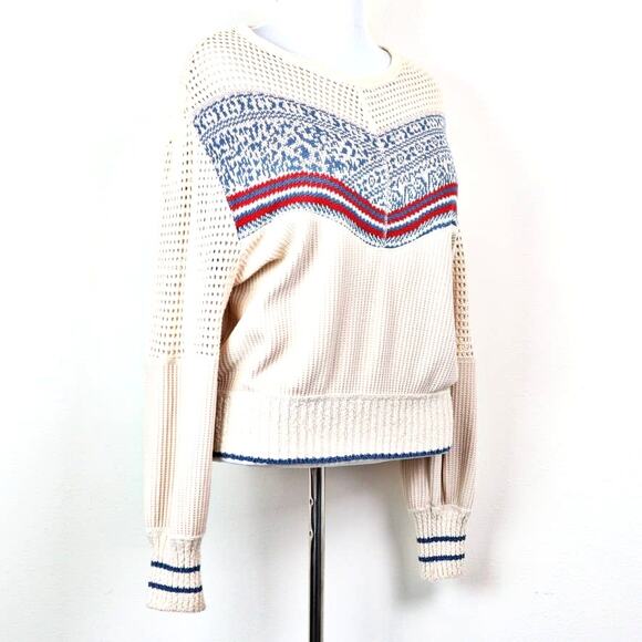 Free People Size M Geo Party Sweater Pullover Waffle Knit Ivory Blue Orange - Picture 8 of 11